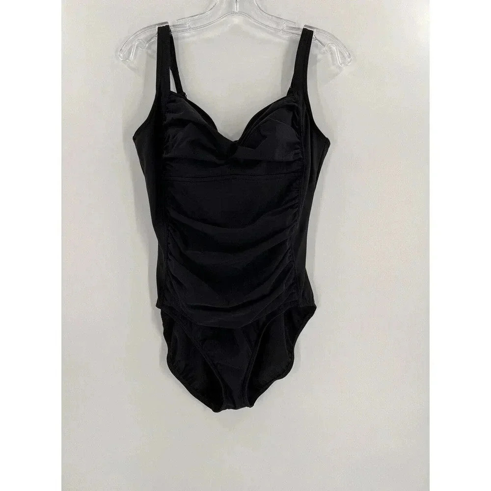 LAND'S END Womens Black Tummy Control GRECIAN STYLE CLASSIC SWIM TANK Size 14P